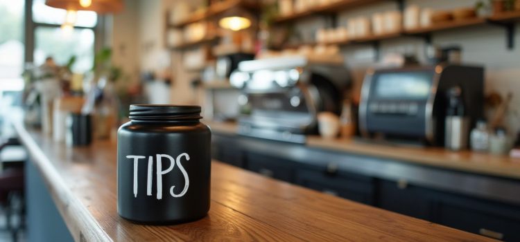 A black jar labeled "TIPS" on the counter in a cafe illustrates eliminating taxes on tips