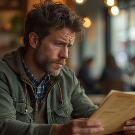 A tired man with a beard and green jacket looking at a menu in a cafe illustrates decision fatigue