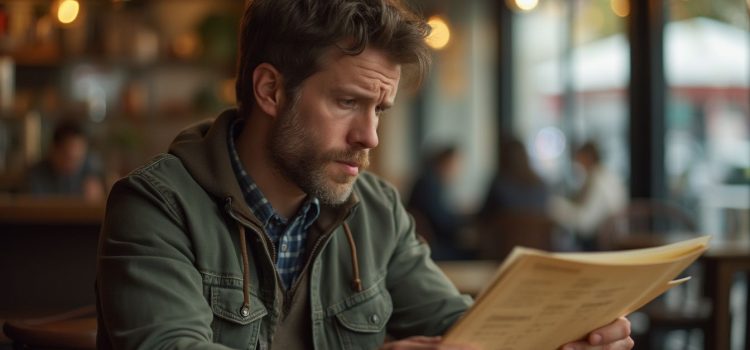 A tired man with a beard and green jacket looking at a menu in a cafe illustrates decision fatigue