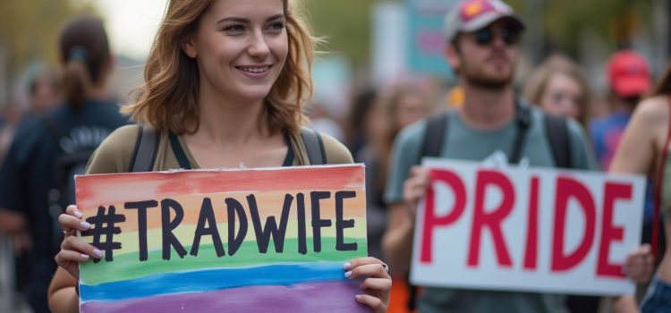 Activistas con carteles que dicen &quot;#tradwife&quot; y &quot;PRIDE&quot; ilustran la historia de la identidad de género