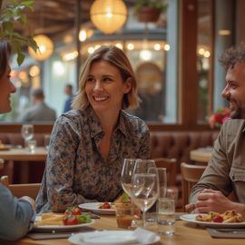 Two women and one man smiling and having a structured conversation in a restaurant