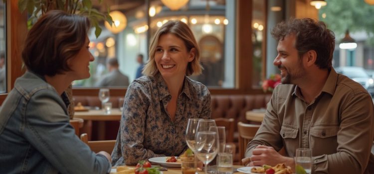 Two women and one man smiling and having a structured conversation in a restaurant