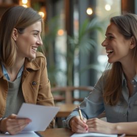 Two women (a salesperson and a prospective client) in a cafe illustrates the importance of prospecting in sales