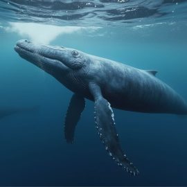 Two whales swimming in the ocean near the surface of the water illustrate the sense of hearing in animals