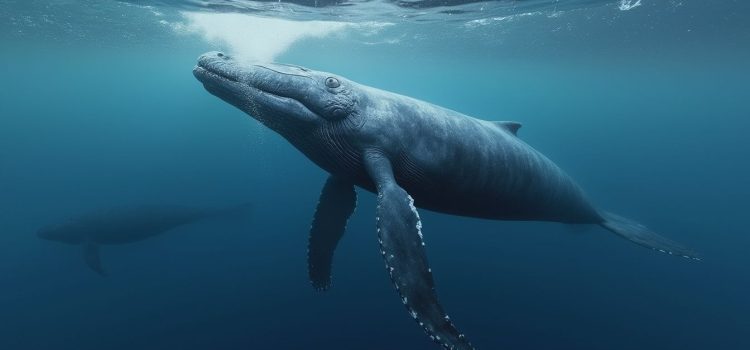 Two whales swimming in the ocean near the surface of the water illustrate the sense of hearing in animals