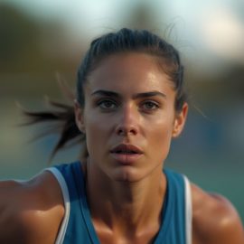 A close-up image of a female athlete with brown hair in a ponytail and a blue tank top illustrates the mindset of an athlete