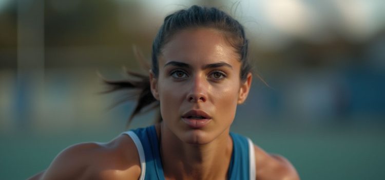 A close-up image of a female athlete with brown hair in a ponytail and a blue tank top illustrates the mindset of an athlete