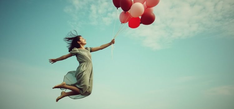 A woman floating in the air and holding helium balloons by the strings illustrates how to raise your self-esteem