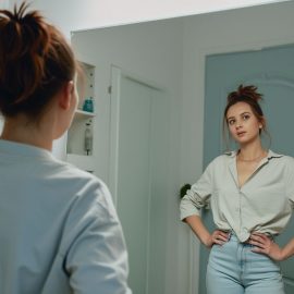 A woman looking in the mirror and her hands on her hips depicts the question "What is self-esteem, and why is it important?"