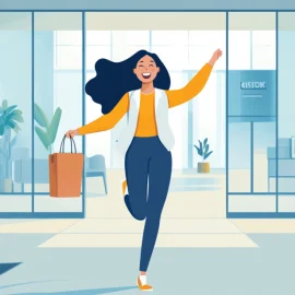 A woman happily leaving the workplace as part of her learning how to manage her life