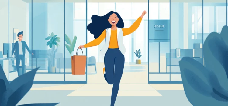 A woman happily leaving the workplace as part of her learning how to manage her life