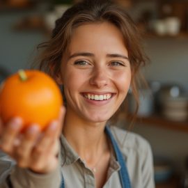 A woman smiling and holding an orange illustrates where willpower comes from