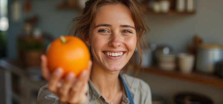 A woman smiling and holding an orange illustrates where willpower comes from