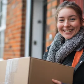 A smiling woman who's just met one of her network marketing goals, holding a box on someone's porch