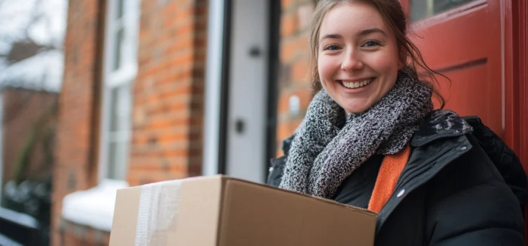 A smiling woman who's just met one of her network marketing goals, holding a box on someone's porch