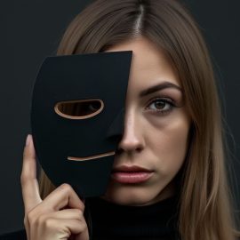 A woman holding a mask over one half of her face illustrates the question, "What is autism masking?"