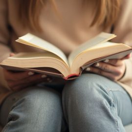 A woman wearing a pink shirt and blue jeans holding an open book on her lap while sitting on a couch