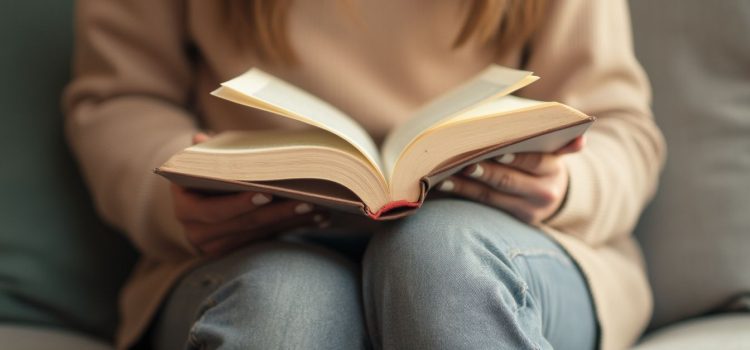 A woman wearing a pink shirt and blue jeans holding an open book on her lap while sitting on a couch