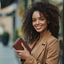 A smiling woman with curly hair standing in front of a shop and holding a wallet illustrates empowering beliefs about money