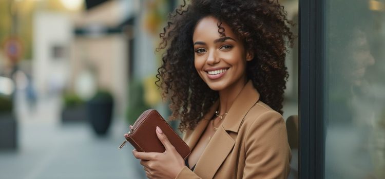 A smiling woman with curly hair standing in front of a shop and holding a wallet illustrates empowering beliefs about money