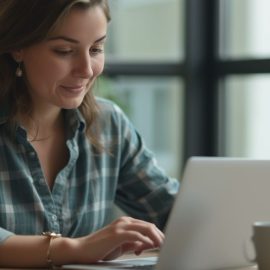 A saleswoman in a green and white plaid shirt conducting email prospecting on a laptop