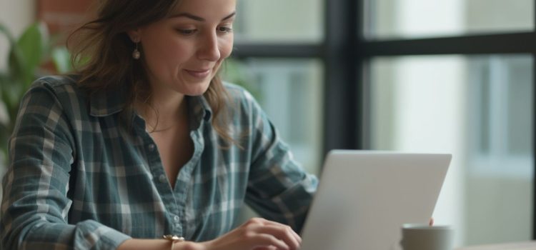 A saleswoman in a green and white plaid shirt conducting email prospecting on a laptop