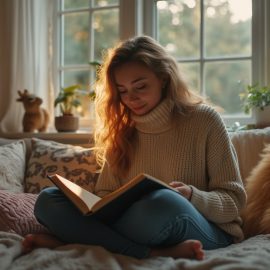 Woman with curly blonde hair and a turtleneck sweater sitting on a comfy sofa at home and reading a book