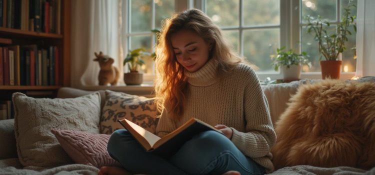 Woman with curly blonde hair and a turtleneck sweater sitting on a comfy sofa at home and reading a book