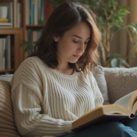 Young woman with brown hair wearing sweater and jeans reading a book on a couch at home