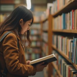 A young woman with long dark hair and a backpack looking at a book in a bookstore