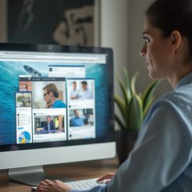 A professional woman with a ponytail and blue shirt conducting social media prospecting on a desktop computer