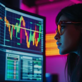 A woman who knows how to beat the market, looking at a computer screen of stocks