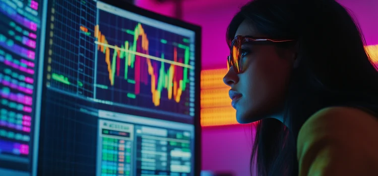 A woman who knows how to beat the market, looking at a computer screen of stocks