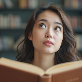 A woman with black hair holding an open book and looking up thoughtfully to consider what she's reading