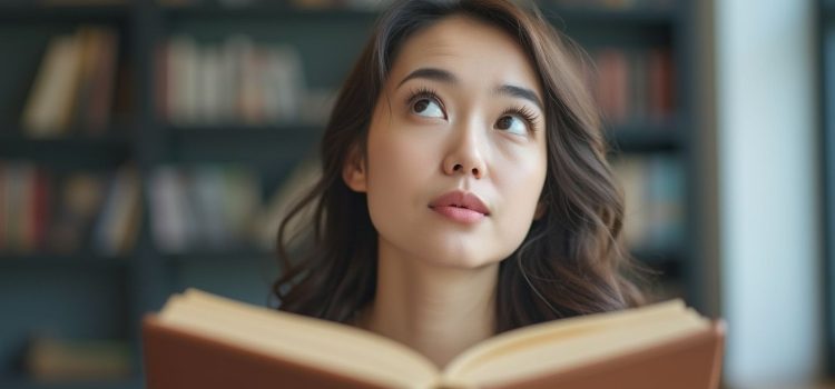 A woman with black hair holding an open book and looking up thoughtfully to consider what she's reading