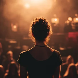 From behind, a woman is standing on a stage in front of a faceless crowd, signifying why storytelling matters