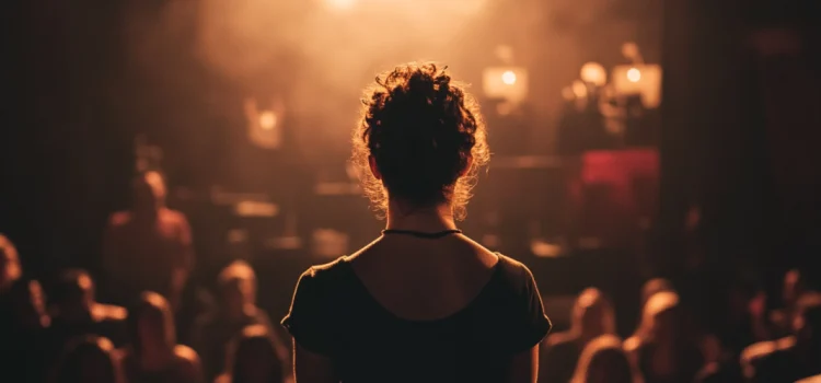 From behind, a woman is standing on a stage in front of a faceless crowd, signifying why storytelling matters