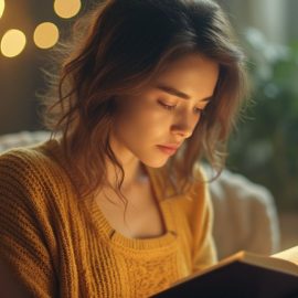 A woman with brown hair and an orange sweater reading a book with a plant, window, and bokeh in the background