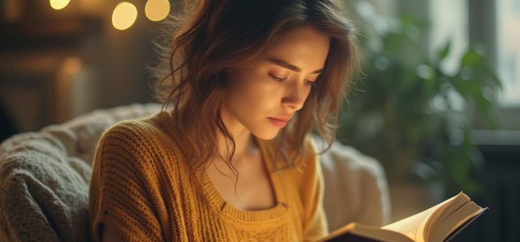 A woman with brown hair and an orange sweater reading a book with a plant, window, and bokeh in the background