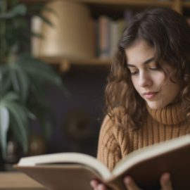 A woman with curly brown hair reading a hardcover book with books and a plant in the background