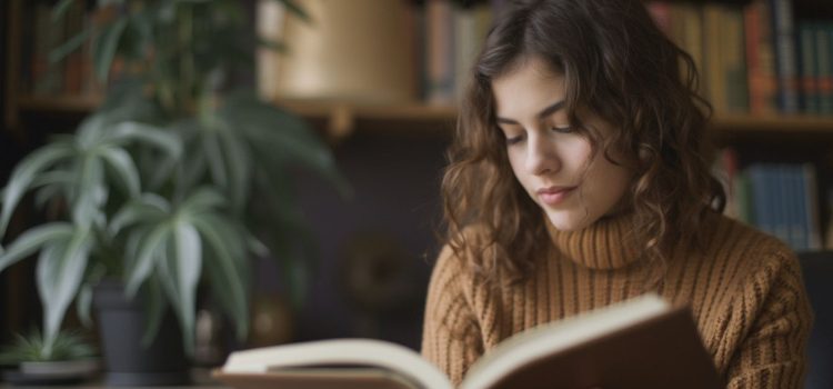 A woman with curly brown hair reading a hardcover book with books and a plant in the background