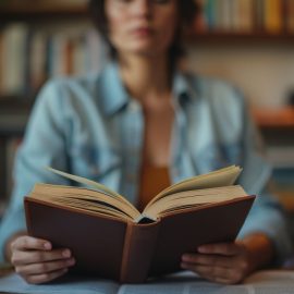 A woman with short dark hair in an office reading a hardcover book