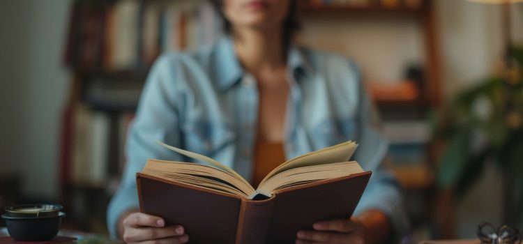 A woman with short dark hair in an office reading a hardcover book