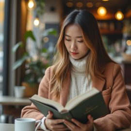 A woman with long dark hair and a turtleneck sweater reading a book in a cafe by a large window