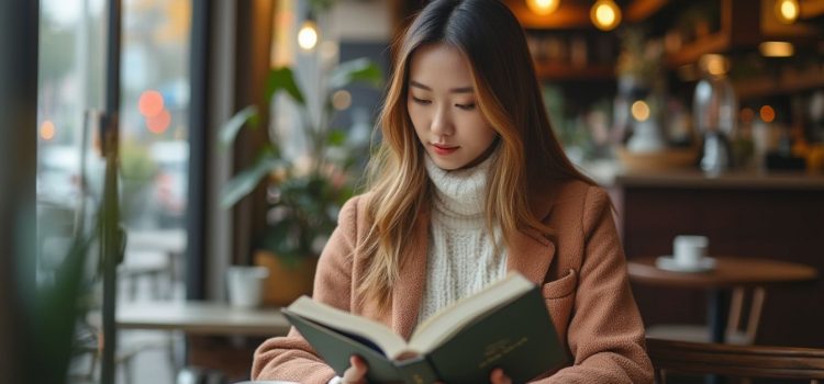 A woman with long dark hair and a turtleneck sweater reading a book in a cafe by a large window