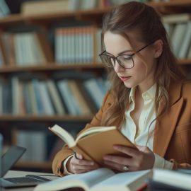 A young woman with glasses reading a book at a table surrounded by books and bookshelves