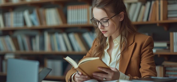 A young woman with glasses reading a book at a table surrounded by books and bookshelves