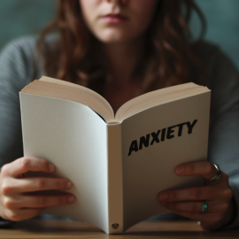 A woman with brown hair reading a book titled "Anxiety" illustrates how to understand anxiety