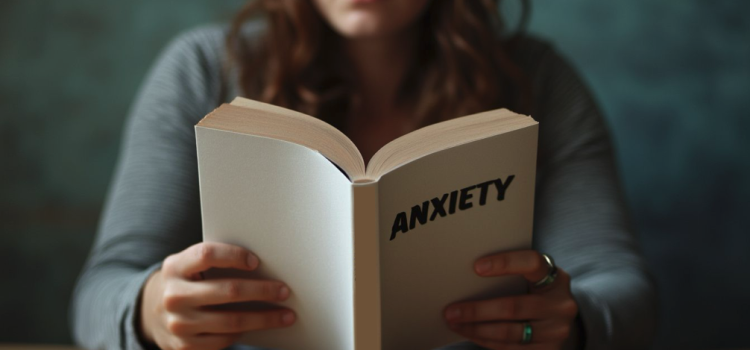 A woman with brown hair reading a book titled "Anxiety" illustrates how to understand anxiety