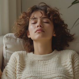 A woman sitting on a sofa with her eyes closed and head tilted back illustrates the felt sense method for processing trauma